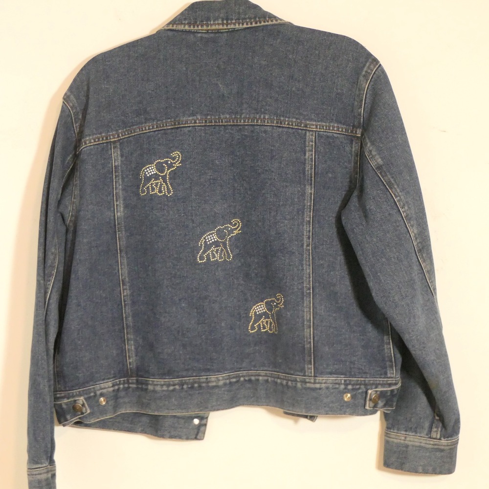 Lauren Jeans Co Women Denim Jacket L Blue Elephant Rhinestone Boho Western Y2K